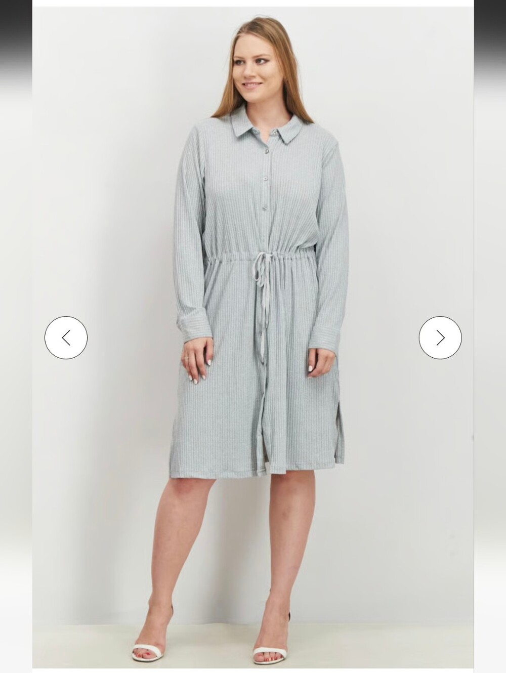 Calvin Klein Tie Waist Midi Shirt Dress Light Gray Ribbed Side Slits XL Like New